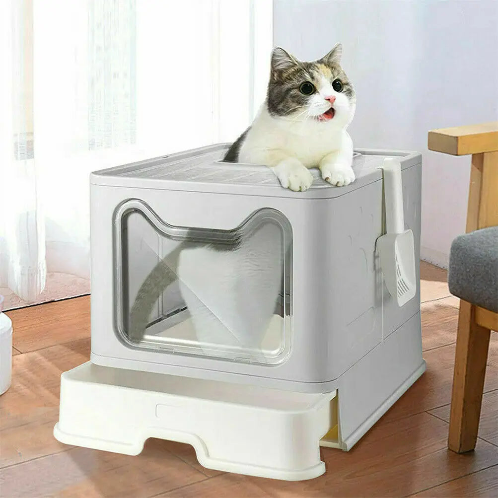 Cat Litter Box with Lid Foldable Large Kitty Litter Boxes