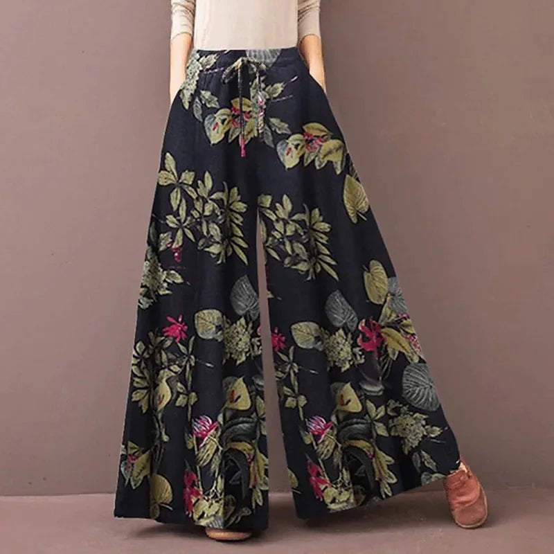 Women Floral Print Wide Leg Pants Spring Autumn Fashion Drawstring Bohemia Trousers Ladies Casual Loose Elastic Waist Pantalon