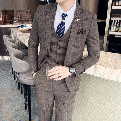 Suit 3pcs Set Groom Wedding Dress Plaid Suit Show Stage