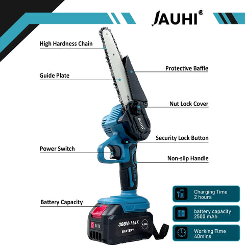 JAUHI 6 Inch Electric Chain Saw Handheld Chainsaw Tree Wood Cutter Pruning Garden Portable Power Tool Compatible Makita Battery