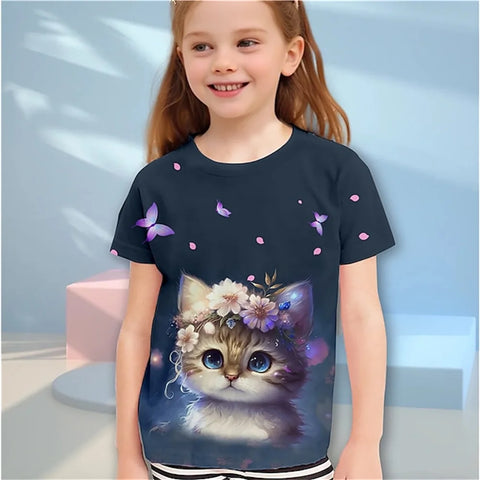 Cat Short Sleeve Horse Child Tshirt Summer Kawaii Kid T-Shirt For Children Tops Fashion Tee Girls Clothes From 8 To 14 Years Old