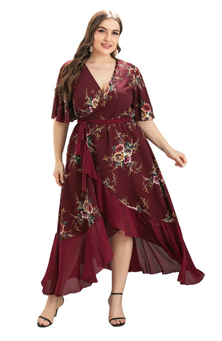 Plus Size Floral Print Maxi Long Bohemian Wrap Dresses For Women