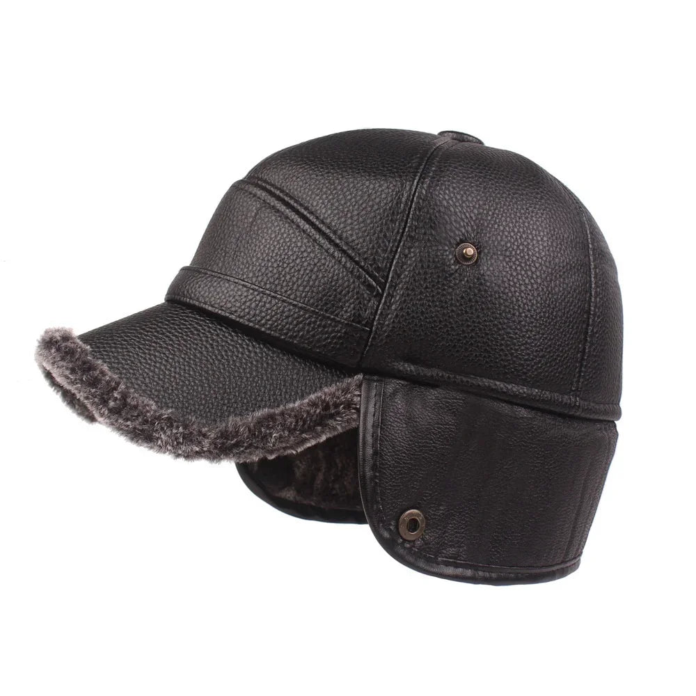 Leather Cap Warm Baseball Cap with Ear Flaps