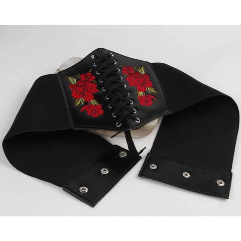 Women's Corset Belt Gothic Fashion PU Flower Embroidery Cummerbunds