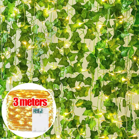 Artificial Plant Green Ivy Leaf DIY Garland Fake Plant Creeper Hanging Vine with 30LED String Light for Wedding Home Party Decor