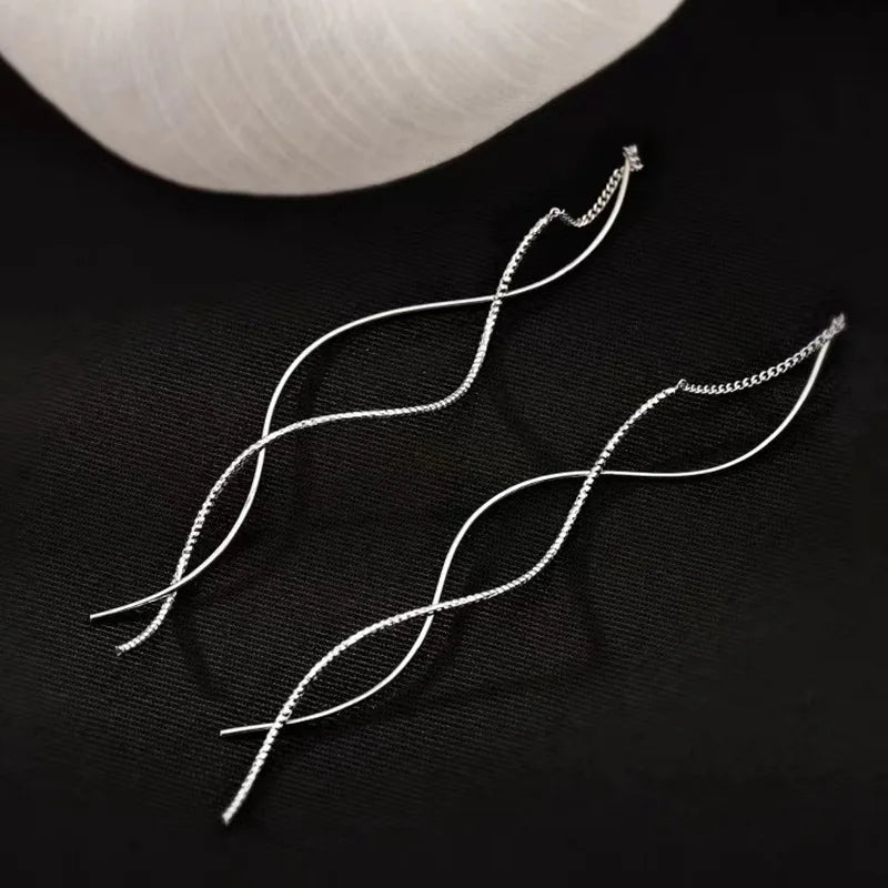 925 Sterling Silver Simple Long Wave Tassels Ear Line Drop Earrings for Women Fine Jewelry Minimalist Accessories