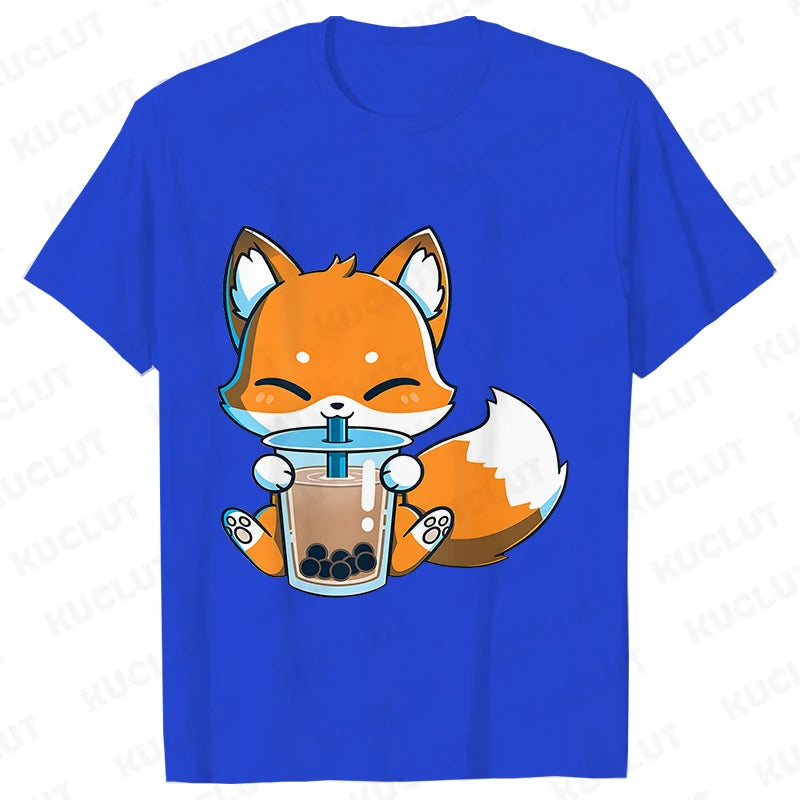 Boba Fox Drinking Print Blouse Women Clothing Fashion Kawaii Cartoon Fox Graphic T-shirts Anime Harajuku Tops Short Sleeve Tees