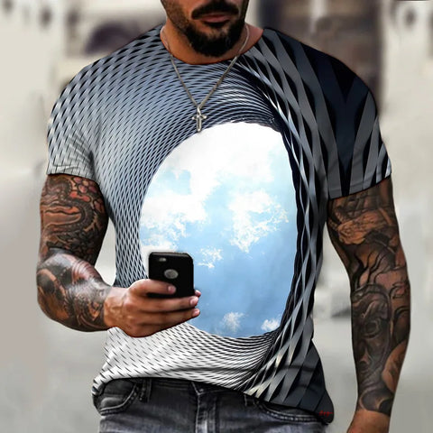 3D digital printed wave grid pattern men's short sleeve T-shirt