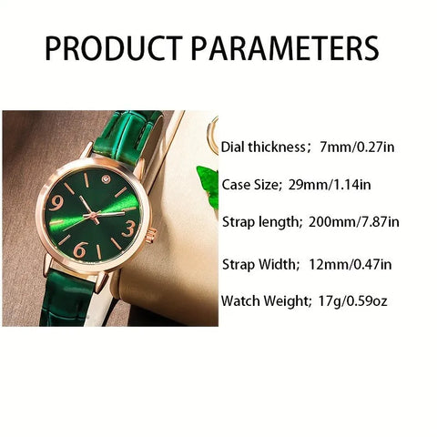 Kegllect 6PCS Women Watch Gift Set Waterproof Green Luxury Jewellery Round Diaol Fashion Ladies Birthday Gift NO BOX