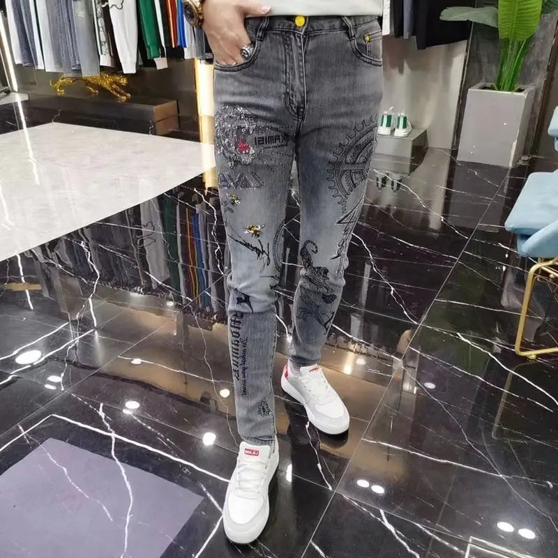 High-end European Korean Men's Slim Fit Jeans with Tiger Diamond Print for Casual Wear Spring Autumn Stretch Luxury Clothing Men