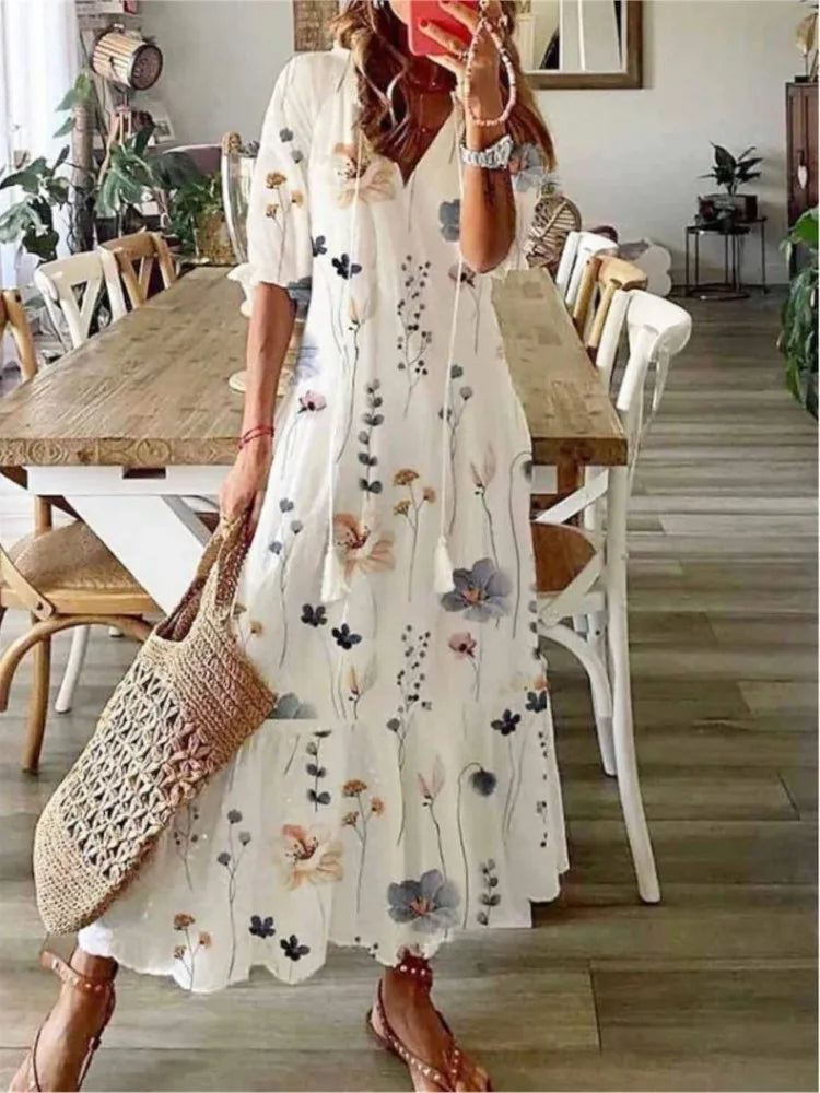 Vintage Print Bohemian Dress Summer Fashion V Neck Half Sleeves Long Dresses