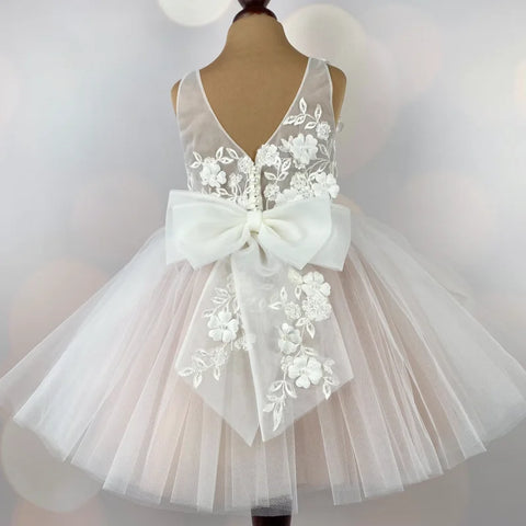 White Flower Girl Dress Tulle Sleeveless With Bow Knee Length For Wedding Birthday First Communion Dress