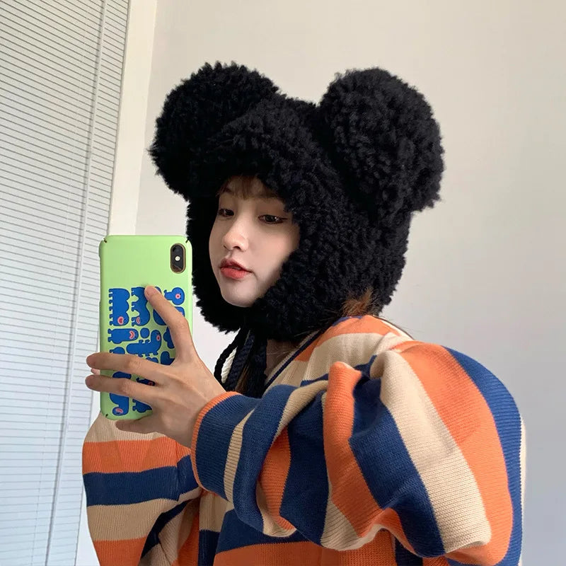 New Big-ear Bear Cashmere Bomber Hats