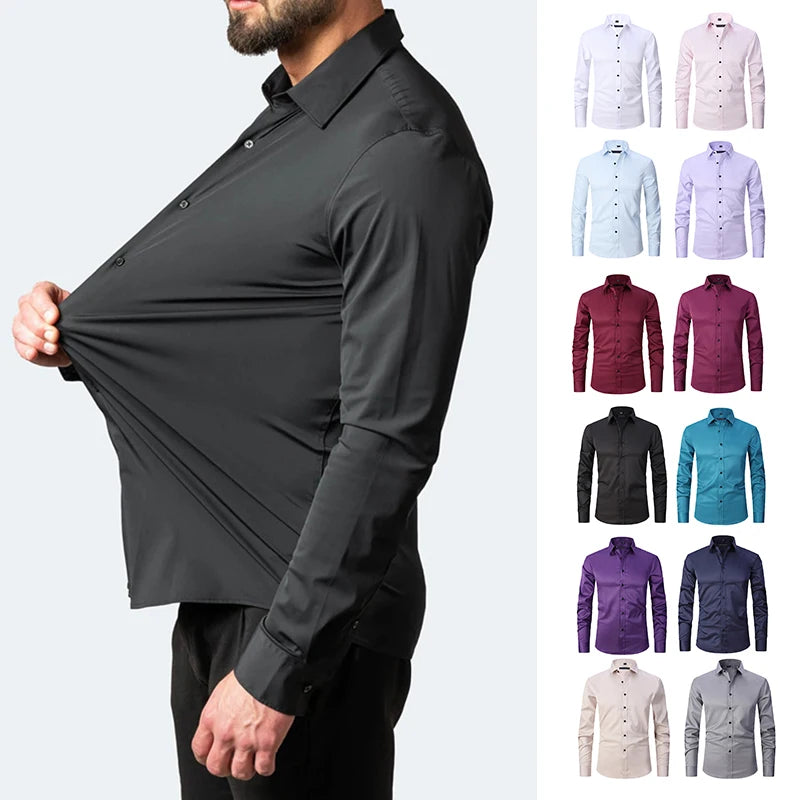 Men Long Sleeve Slim Fit Casual Solid Color Social Formal Shirts