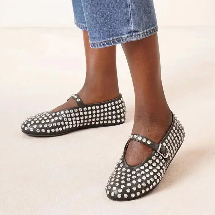 European and American Women's Fashionable Diamond Studded Mary Jane Single Shoes Casual Flat Bottomed Round Toe Buckle Shoes