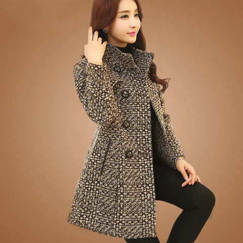 Turtleneck Plaid Slim Long Tweed Woolen Outerwear Female