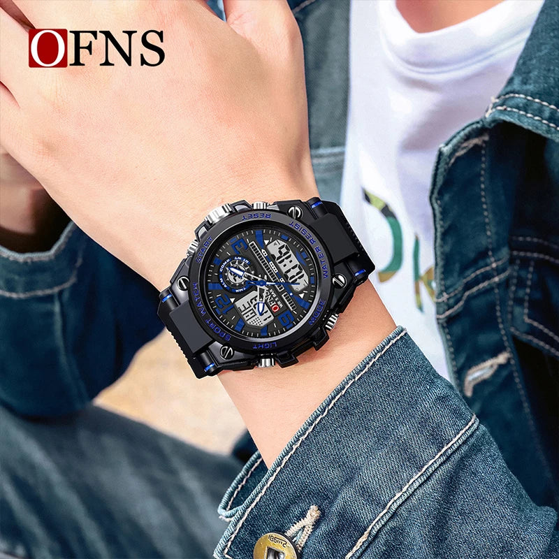 OFNS Luxury Business Man Quartz Watch G Style Date Chronograph Alarm LED Dual Display Clock Men's Electronic Watch Waterproof