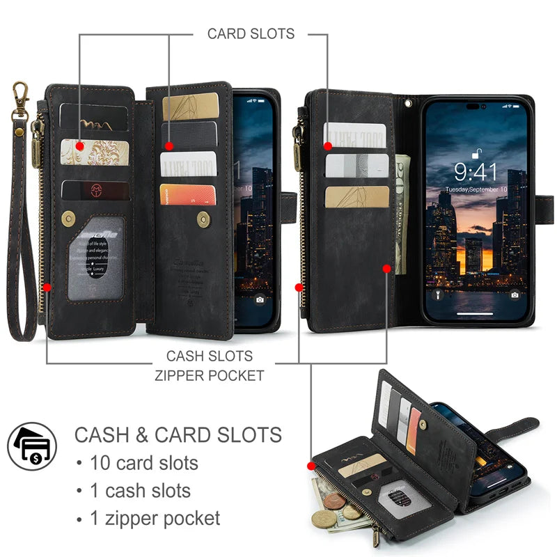 CaseMe Zipper Wallet Flip Leather Phone Case For iPhone 15 14 Pro Max 13 12 11 XS XR X SE 2022 8 7 6 Plus Multi Card Cover Coque