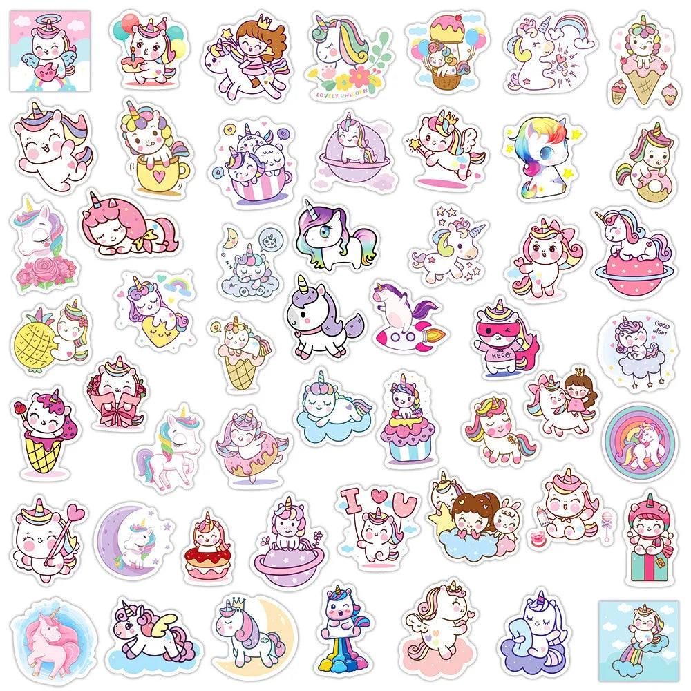 50/100pcs Cute Cartoon Unicorn Stickers for Laptop Luggage Phone Car Scooter Funny Vinyl Decal for Kids Girl Children Gift