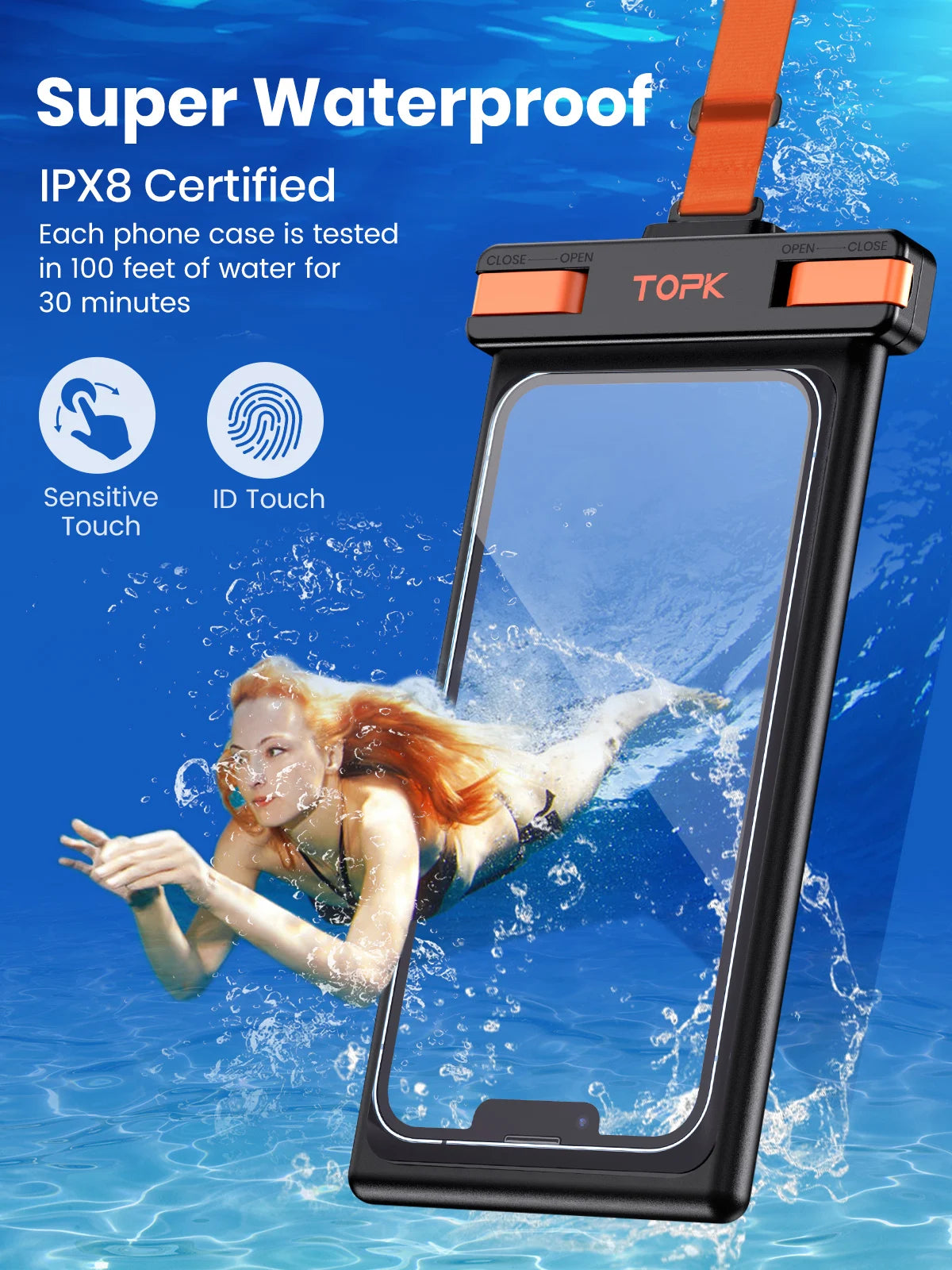 TOPK Waterproof Phone Pouch,[Underwater Screen Touchable] IPX8 Waterproof Phone Case Compatible for Mobile Phone Up to 7.0 inch