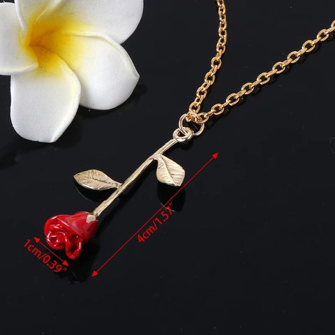 Retro Beauty and Beast Golden Filled Jewelry Decor 3D Red Rose Pendant Necklaces