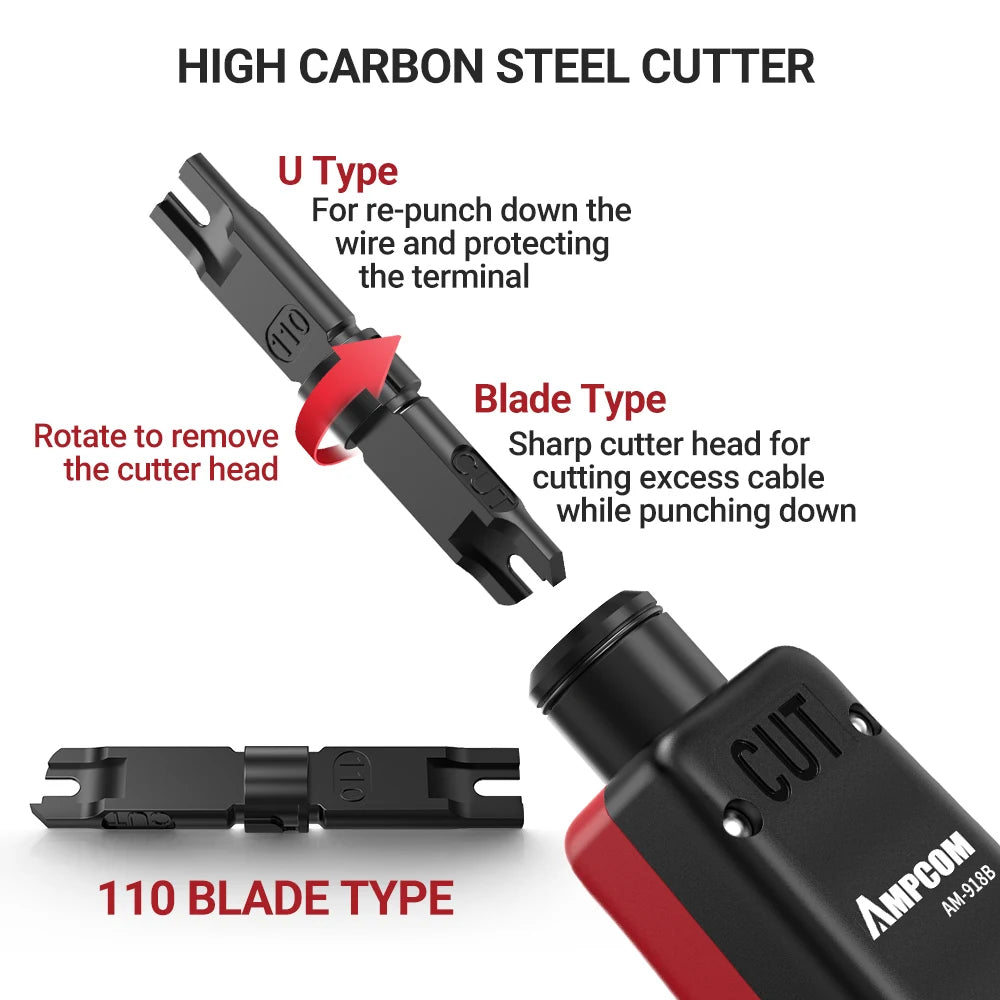 Punch Down Tool, AMPCOM 110 Type Multi-function Network Cable Tool with Two Blades Telephone Impact Terminal Insertion Tools