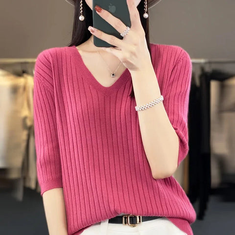 Women Sweater Short Sleeve V-neck Stripe Knitwears