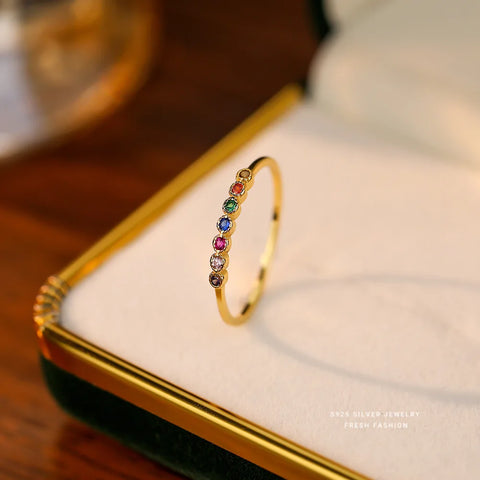 Girls Real 925 Sterling Silver Korean Exquisite Colorful Zircon Ring for Women Stylish Simple Jewelry Accessories