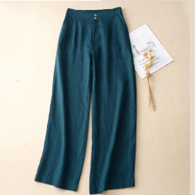 Linen High Waist Solid Color Wide Leg Pants