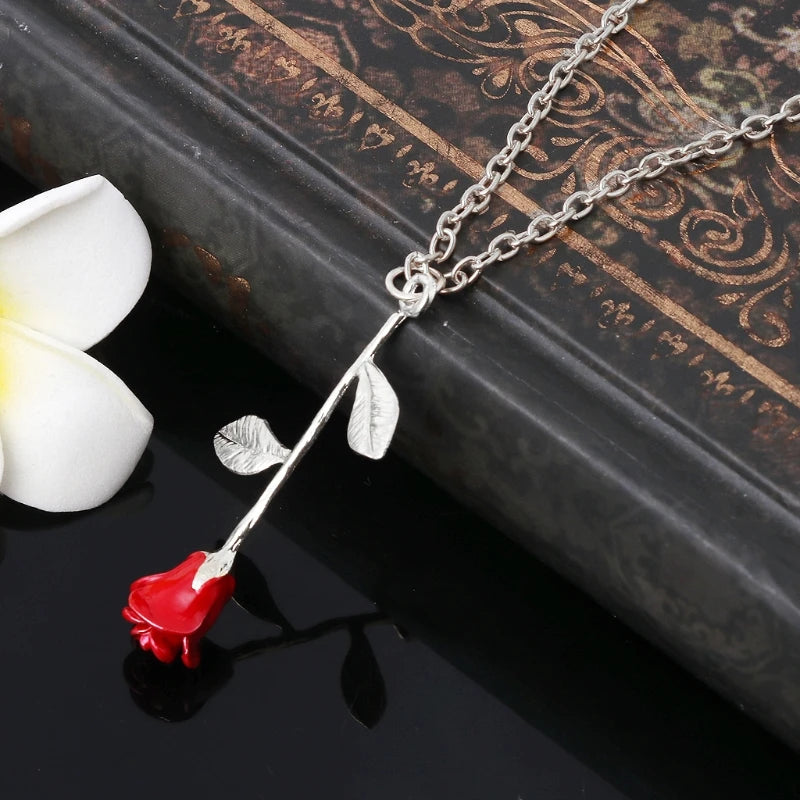 Retro Beauty and Beast Golden Filled Jewelry Decor 3D Red Rose Pendant Necklaces