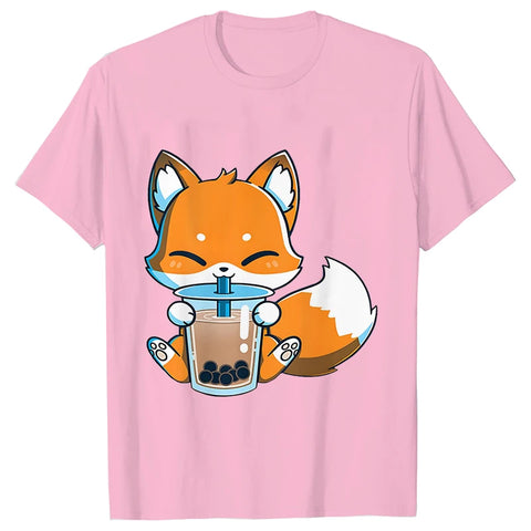 Boba Fox Drinking Print Blouse Women Clothing Fashion Kawaii Cartoon Fox Graphic T-shirts Anime Harajuku Tops Short Sleeve Tees