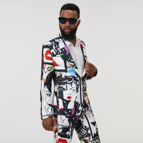 Graffiti Print Suit Collar Slim Fit