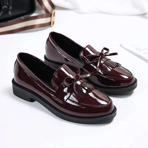 Womens Shoes Patent Leather Women Loafers British Tassel Casual Female Flat Shoes Bowknot Small Leather Shoe Comfortable Zapatos