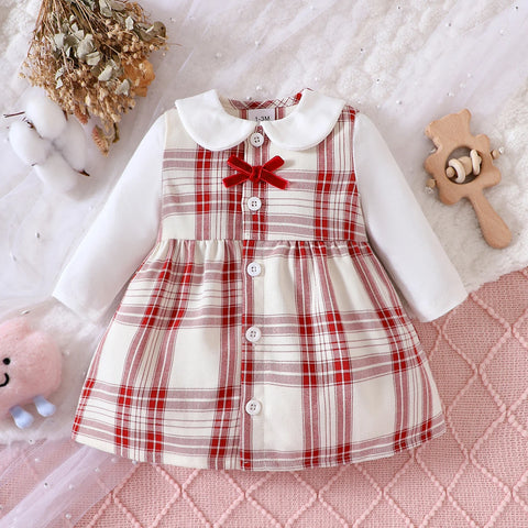 Girls  Dress With A Ruffled Collar  Long Sleeved Button Up Bow Tie  Fluffy Skirt  Plaid Pattern  Fashionable New Home Style