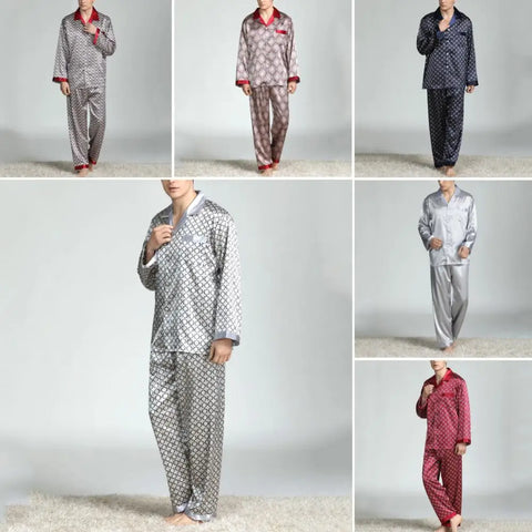 Print Imitation Silk Long Pants Sleepwear Men Summer Pajama Set Shirt Nightwear