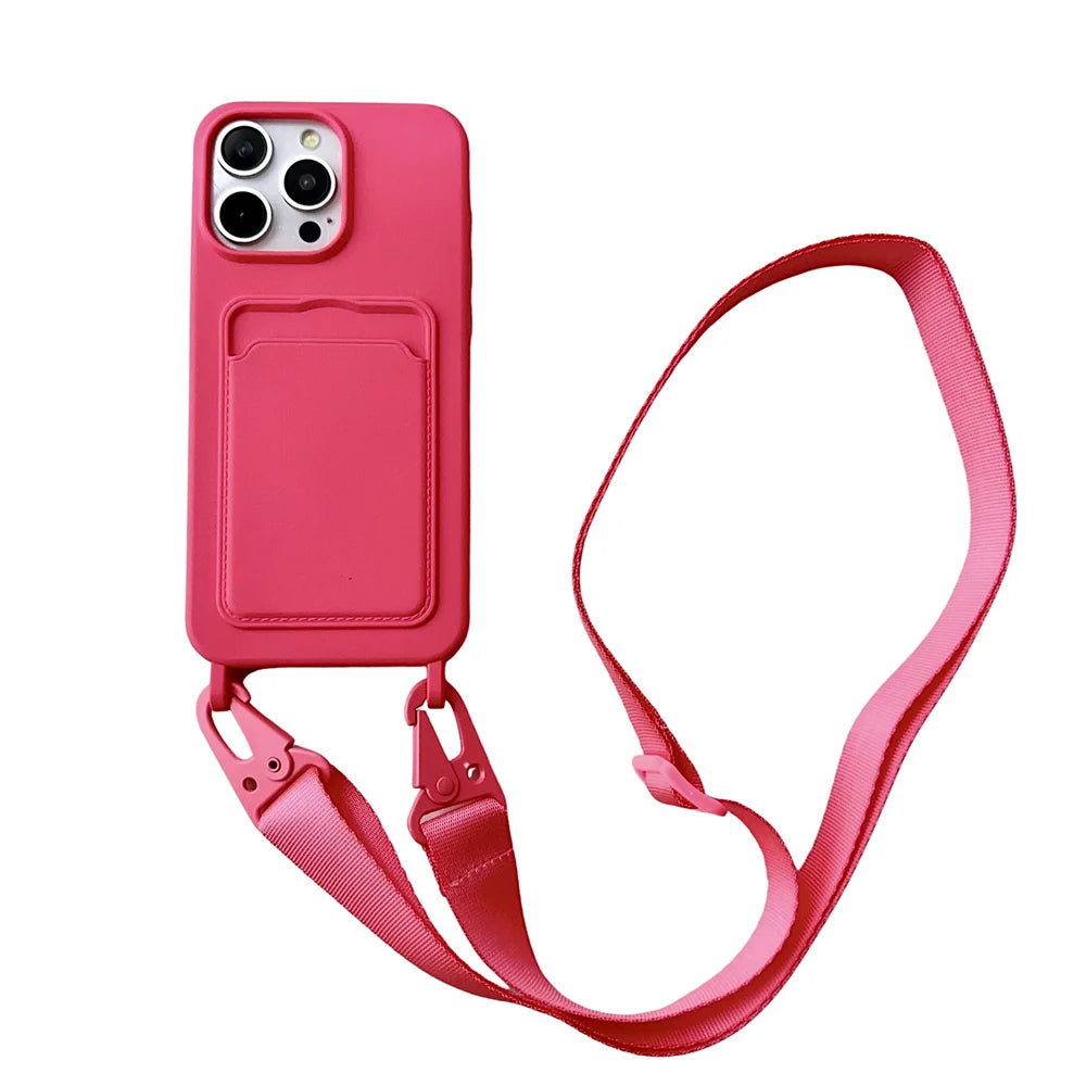 Crossbody Lanyard Necklace Rope Wallet Silicone Case For iPhone 15 Plus 14 13 12 11 Pro Max Slot Card Holder Plain Back Cover