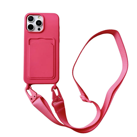 Crossbody Lanyard Necklace Rope Wallet Silicone Case For iPhone 15 Plus 14 13 12 11 Pro Max Slot Card Holder Plain Back Cover