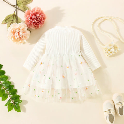 Infant Baby Girls Long Sleeves Round Neck Flower Embroidery Tulle Splicing Dress Toddler Clothes