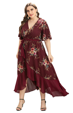 Plus Size Floral Print Maxi Long Bohemian Wrap Dresses For Women