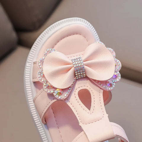 Girls Sandals Kid Summer Sweet Rhinestone Party Princess Beach Shoes Cute Bowknot Soft Sole Flat Sandals сандалии для девочек