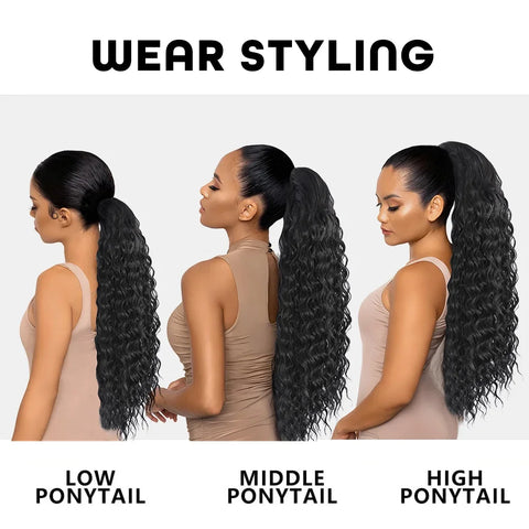 22 Inch Deep Curly Ponytail Extension Drawstring Ponytails Black Wig For Women Synthetic Hair Extensions Curly Daily Party Use