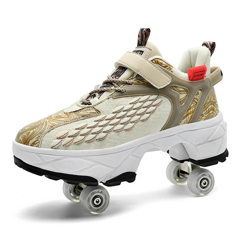 Retractable roller skates. Parkour sneakers, outdoor casual shoes