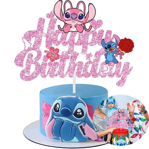 Pink Lilo &Stitch Cake Topper Girls Cartoon Happy Birthday Cake Decor Party Supplies for Kids Birthday Baby Shower Decoration