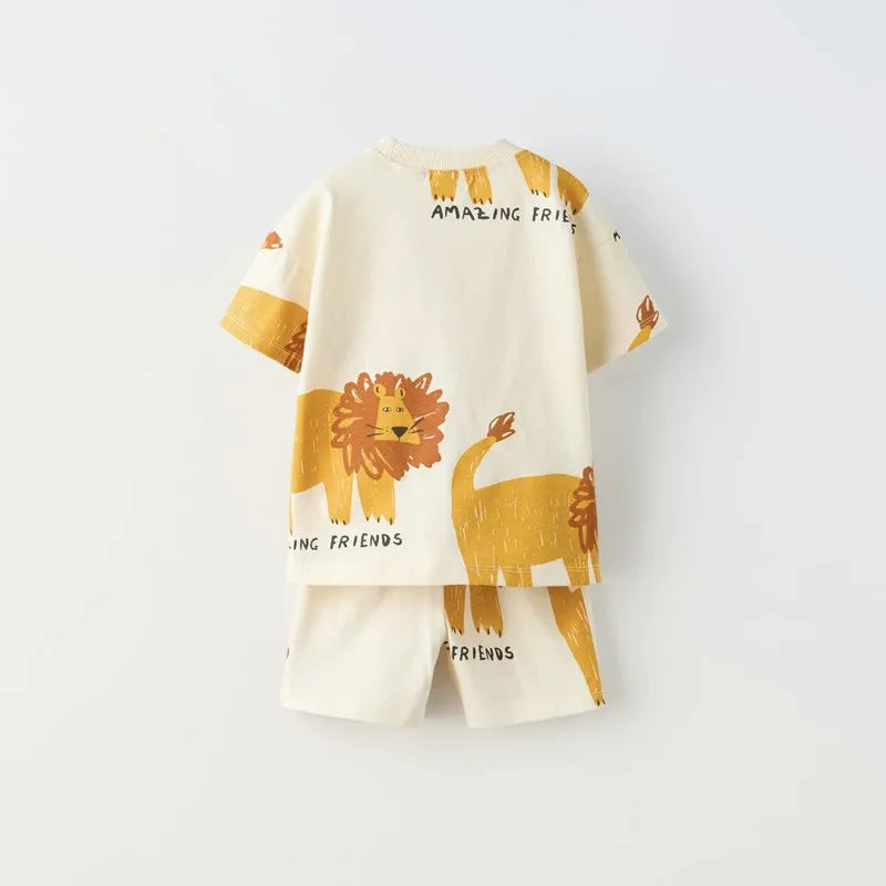 Summer New Children's Short Sleeved Suit Printed Lion Cartoon Tracksuit For Boy Clothing T-shirts + Shorts Two Piece Outfits