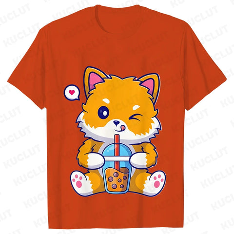 Boba Fox Drinking Print Blouse Women Clothing Fashion Kawaii Cartoon Fox Graphic T-shirts Anime Harajuku Tops Short Sleeve Tees