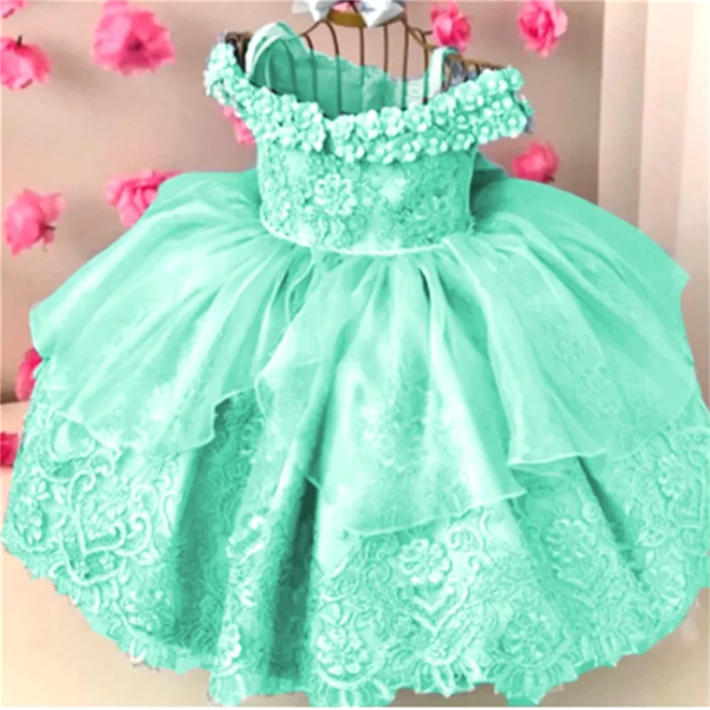 Baby Girls Dresses Off Shoulder Pearls Lace Butterflies Flower Princess Dress Infant First Birthday Party Gown  Communion Gift