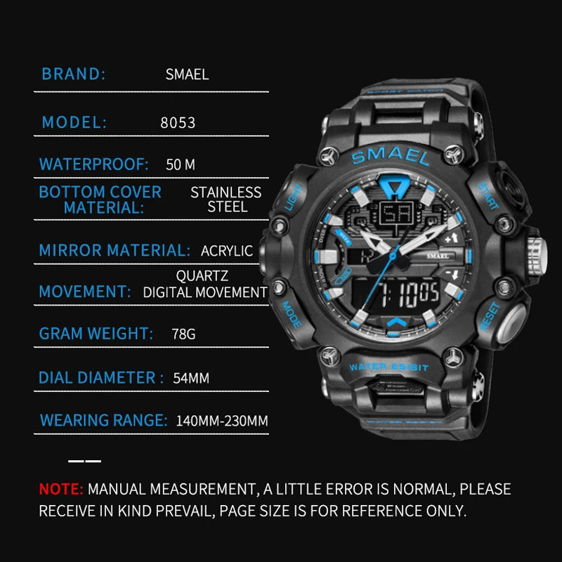 SMAEL Men Watch Sport Waterproof Stopwatch Digital Wristwatches Week Display Alarm Clock Quartz Analog Electronic Watches Male