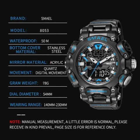 SMAEL Men Watch Sport Waterproof Stopwatch Digital Wristwatches Week Display Alarm Clock Quartz Analog Electronic Watches Male