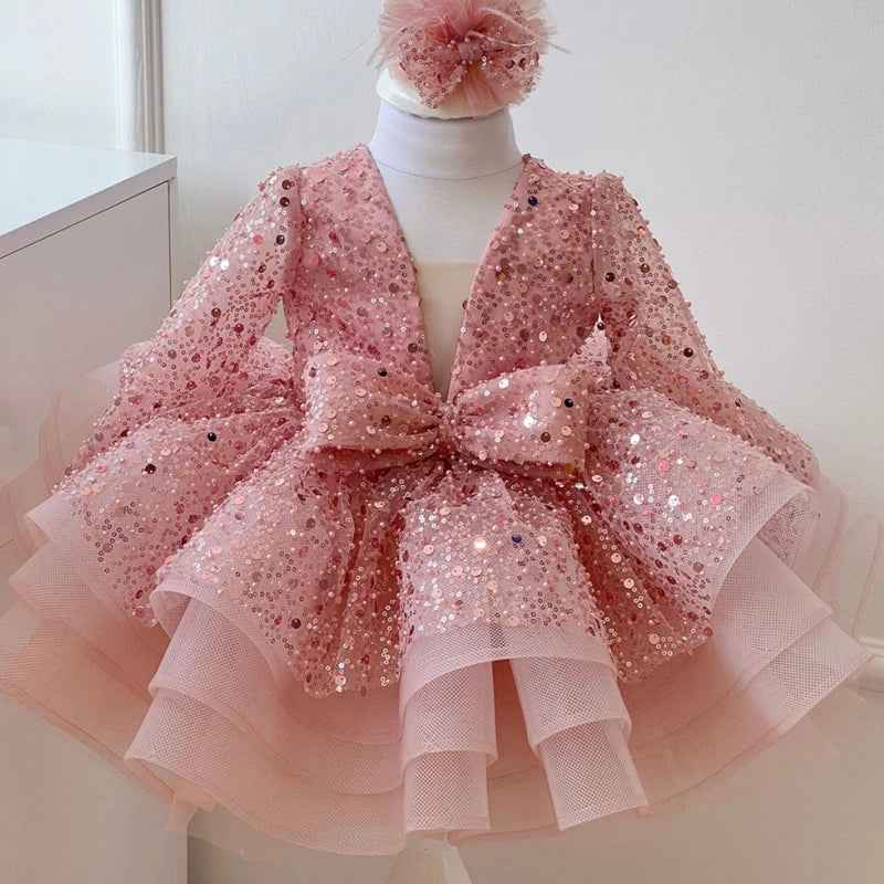 Flower Girl Dresses Cute Pink Glitter Sequined Shiny Puffy