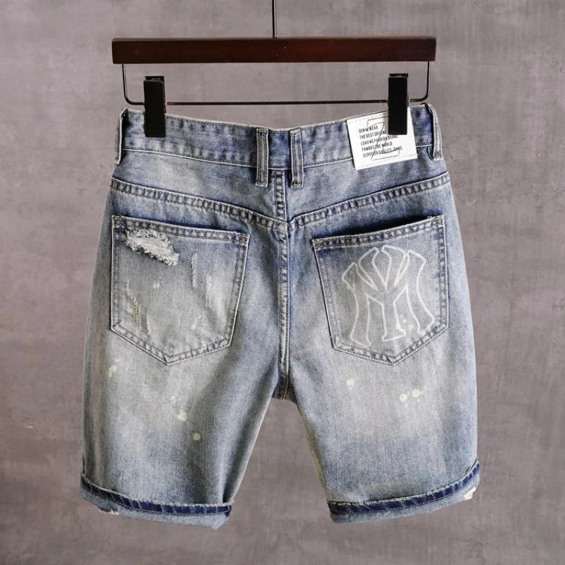 Men's Denim Shorts With Holes Washed Korean Style Straight Quarter  Patch Casual Jeans